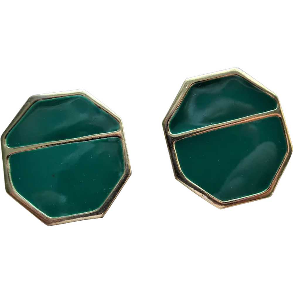 VINTAGE Green Enamel and Gold Earrings, Fabulous … - image 1