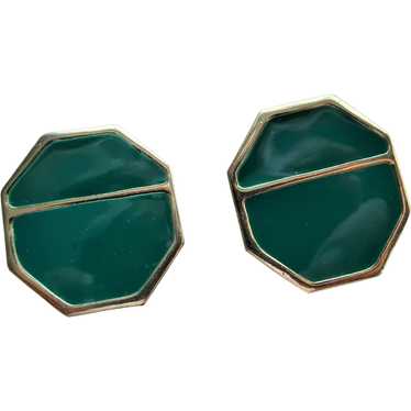 VINTAGE Green Enamel and Gold Earrings, Fabulous … - image 1