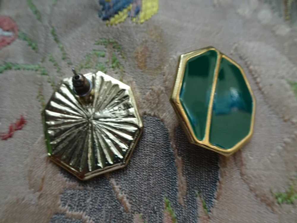 VINTAGE Green Enamel and Gold Earrings, Fabulous … - image 2