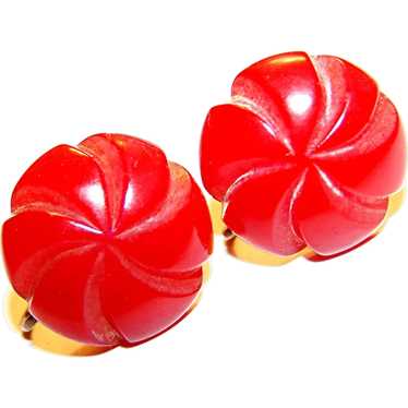 CHERRY RED Carved FLOWER - PINWHEEL Bakelite Earri