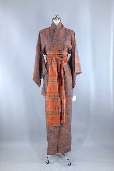 Vintage Orange & Blue Floral Print Kimono