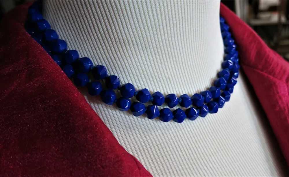 VINTAGE  Double Strand of Blue Glass Beads  Neckl… - image 2