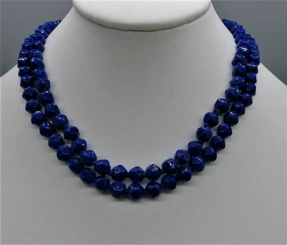 VINTAGE  Double Strand of Blue Glass Beads  Neckl… - image 3