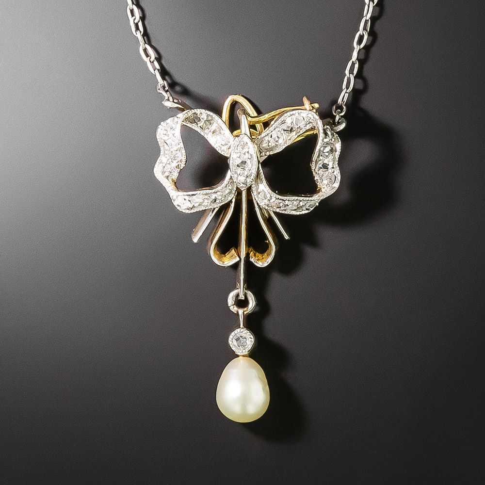 Edwardian Diamond Bow and Natural Pearl Lavaliere - image 1