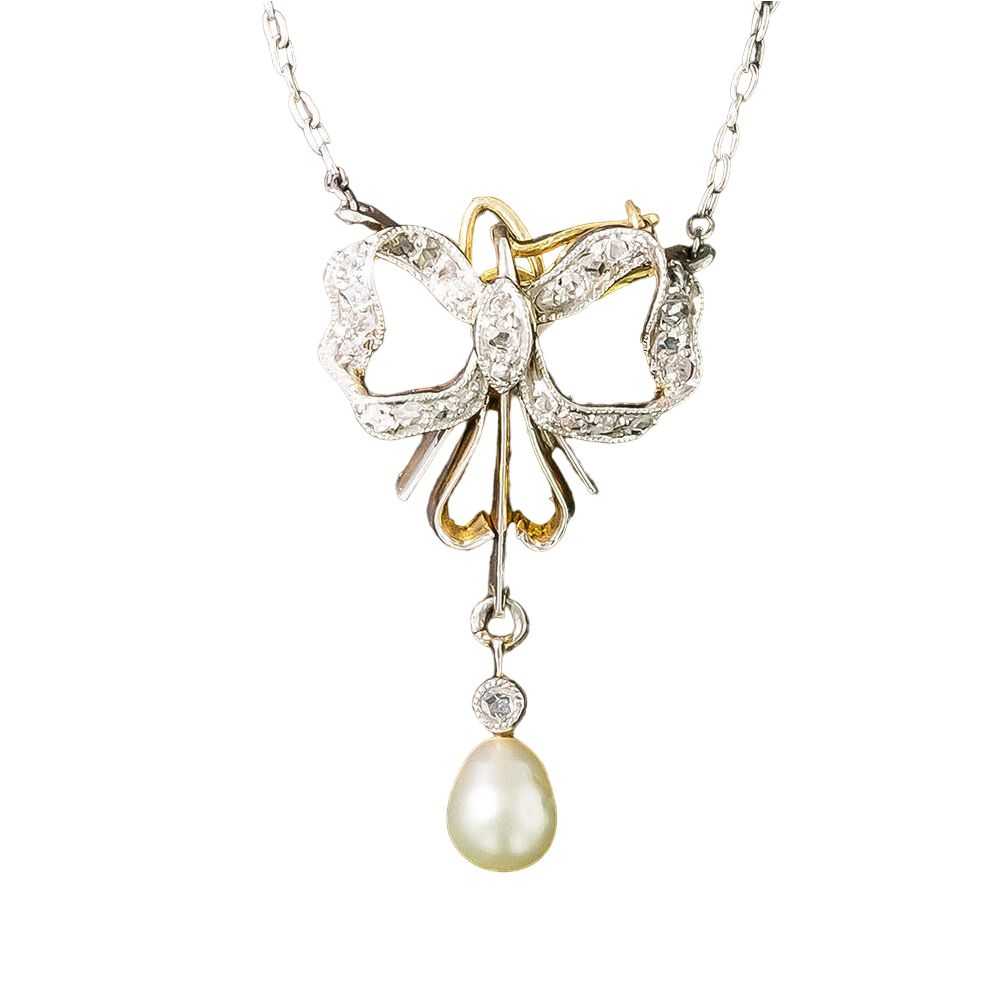 Edwardian Diamond Bow and Natural Pearl Lavaliere - image 2