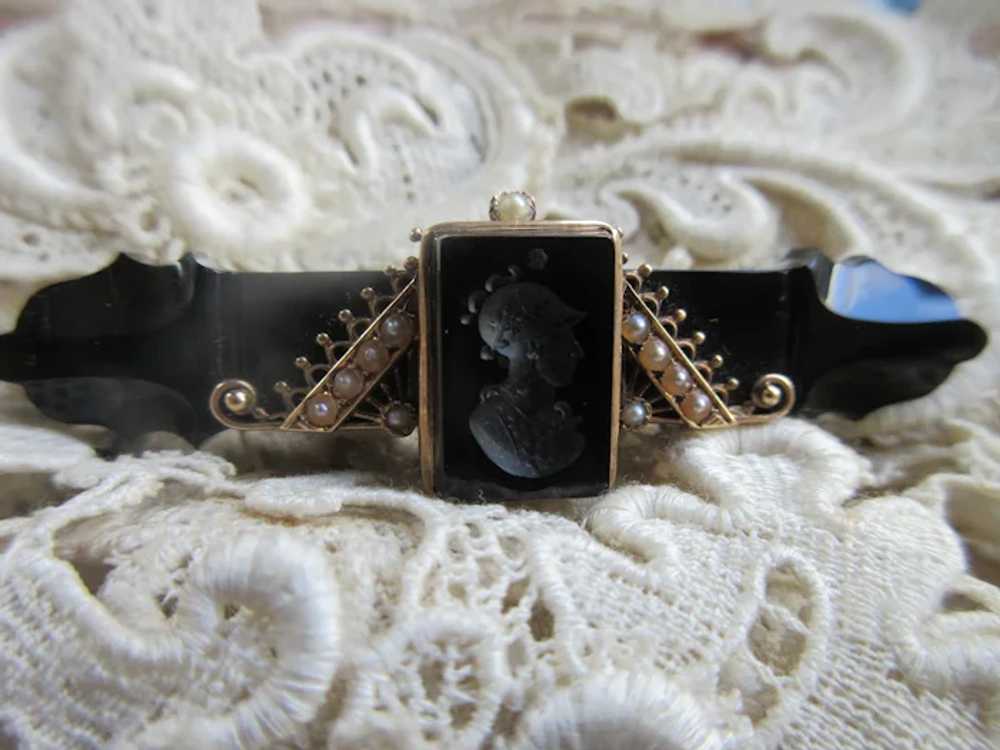 Victorian Antique 10K Black Onyx Seed Pearl Brooch - image 4