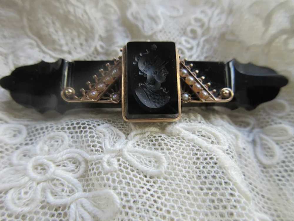Victorian Antique 10K Black Onyx Seed Pearl Brooch - image 6