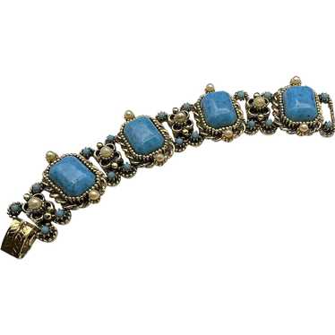 Chunky 4 Panel Bracelet with Faux Turquoise Caboch