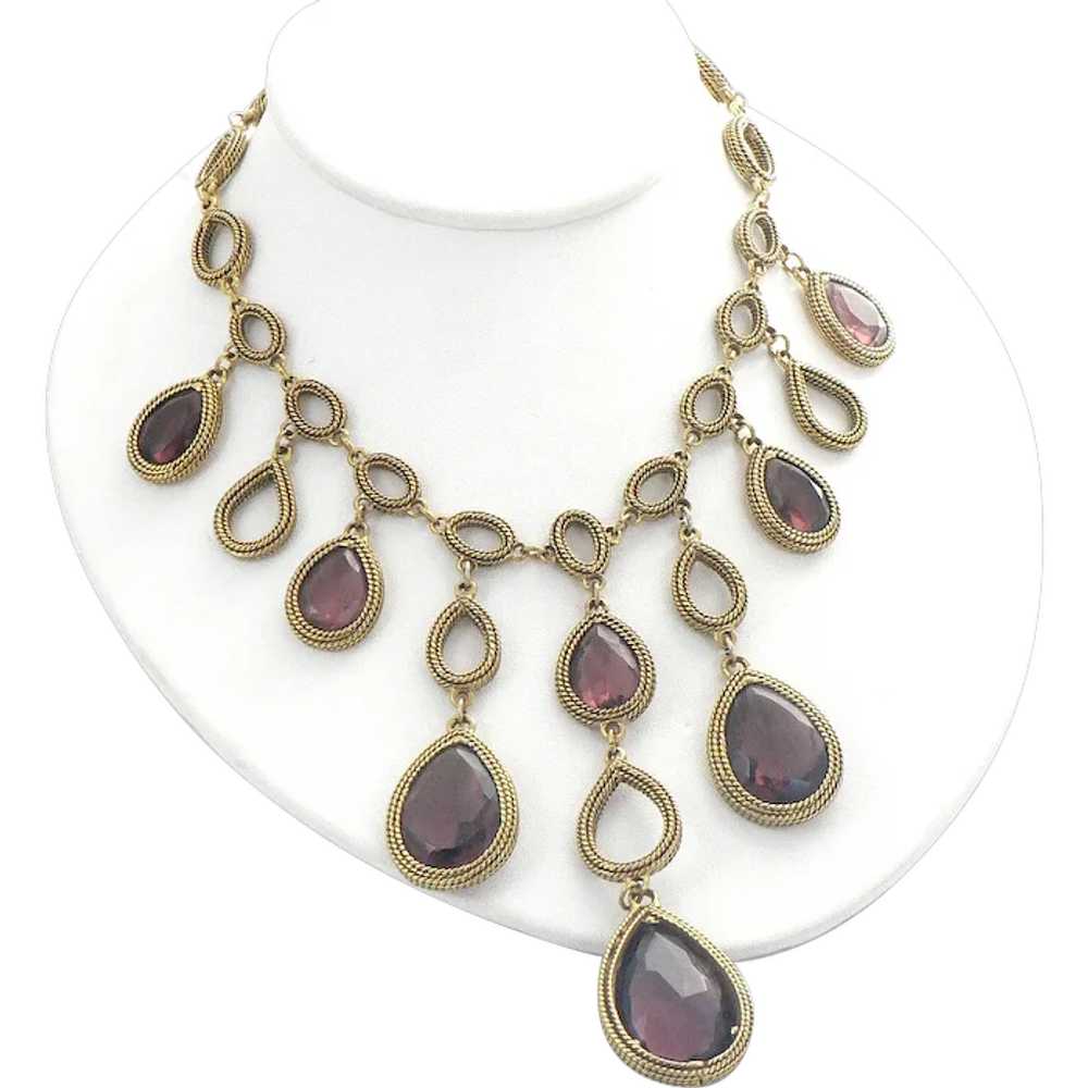 Goldette Amethyst Glass Gold Tone Teardrop Bib Ne… - image 1