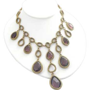 Goldette Amethyst Glass Gold Tone Teardrop Bib Ne… - image 1