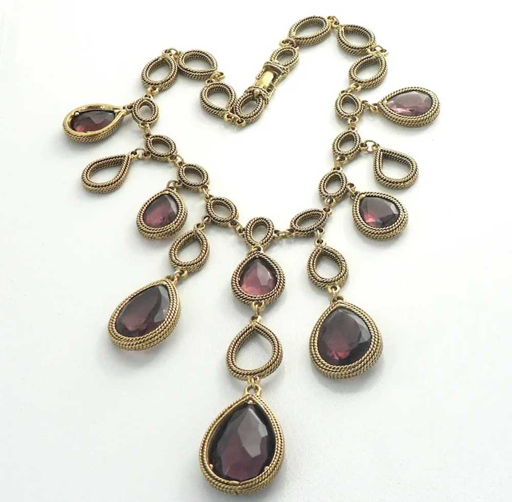 Goldette Amethyst Glass Gold Tone Teardrop Bib Ne… - image 2