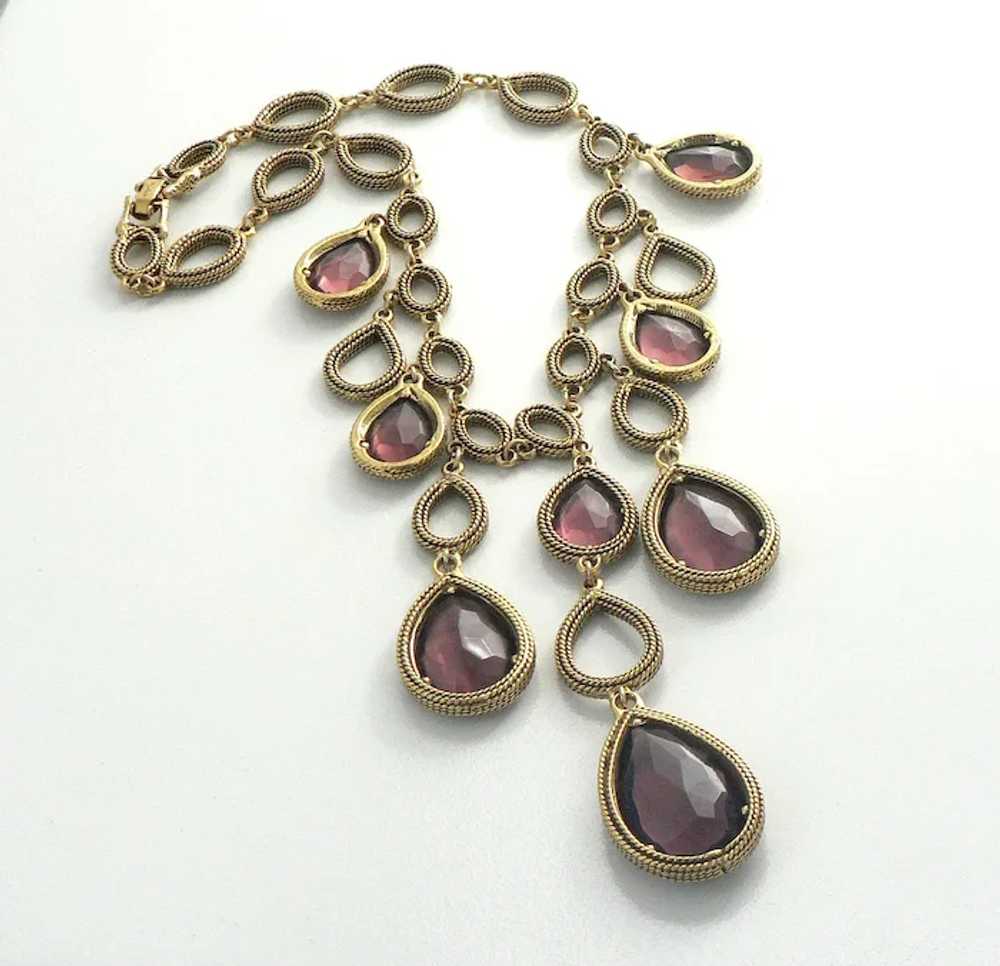 Goldette Amethyst Glass Gold Tone Teardrop Bib Ne… - image 3