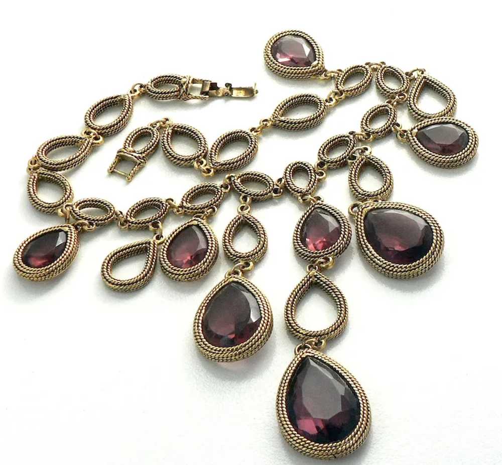 Goldette Amethyst Glass Gold Tone Teardrop Bib Ne… - image 4