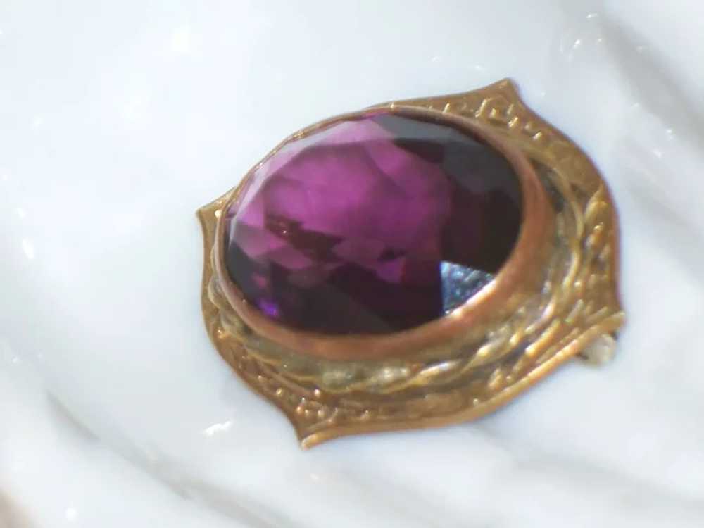 Vintage Purple Glass Stone Brooch Mourning Pin - image 3