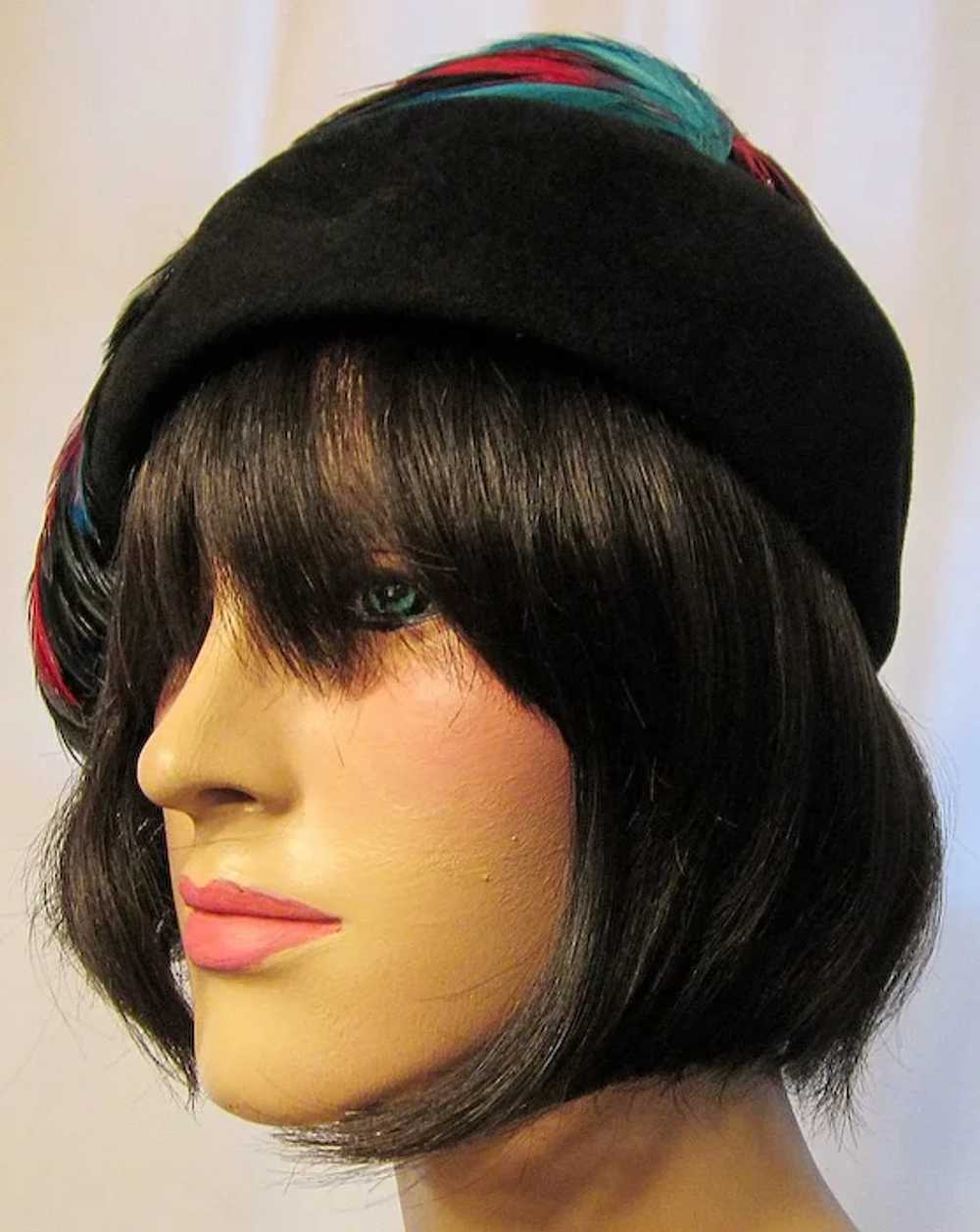 1950's Black Velour Hat Topped with Black, Turquo… - image 3