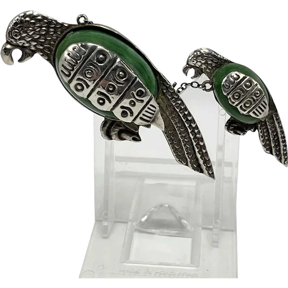 Late 1940s Sterling Two Parrots Chatelaine Brooch - image 1
