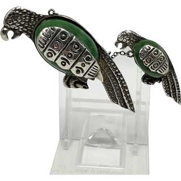 Late 1940s Sterling Two Parrots Chatelaine Brooch