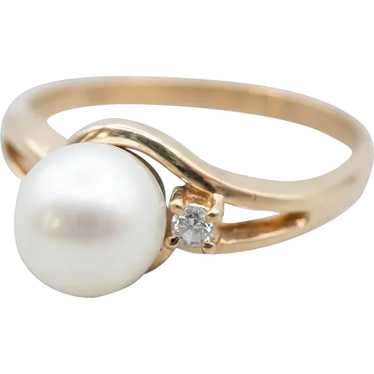 Modernist Cultured Pearl and Diamond Ring