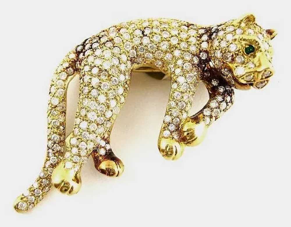 Vintage 18k Diamond & Emerald Panther Brooch - image 1