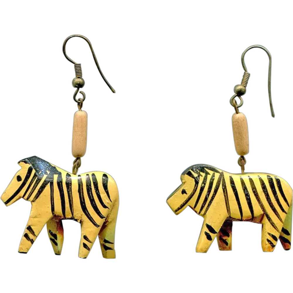 Wooden Zebra Pierced Earrings - image 1