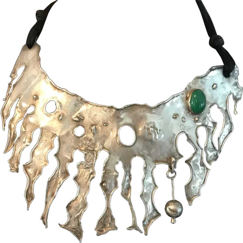 Abstract silver necklace with green stone by Joan… - image 1
