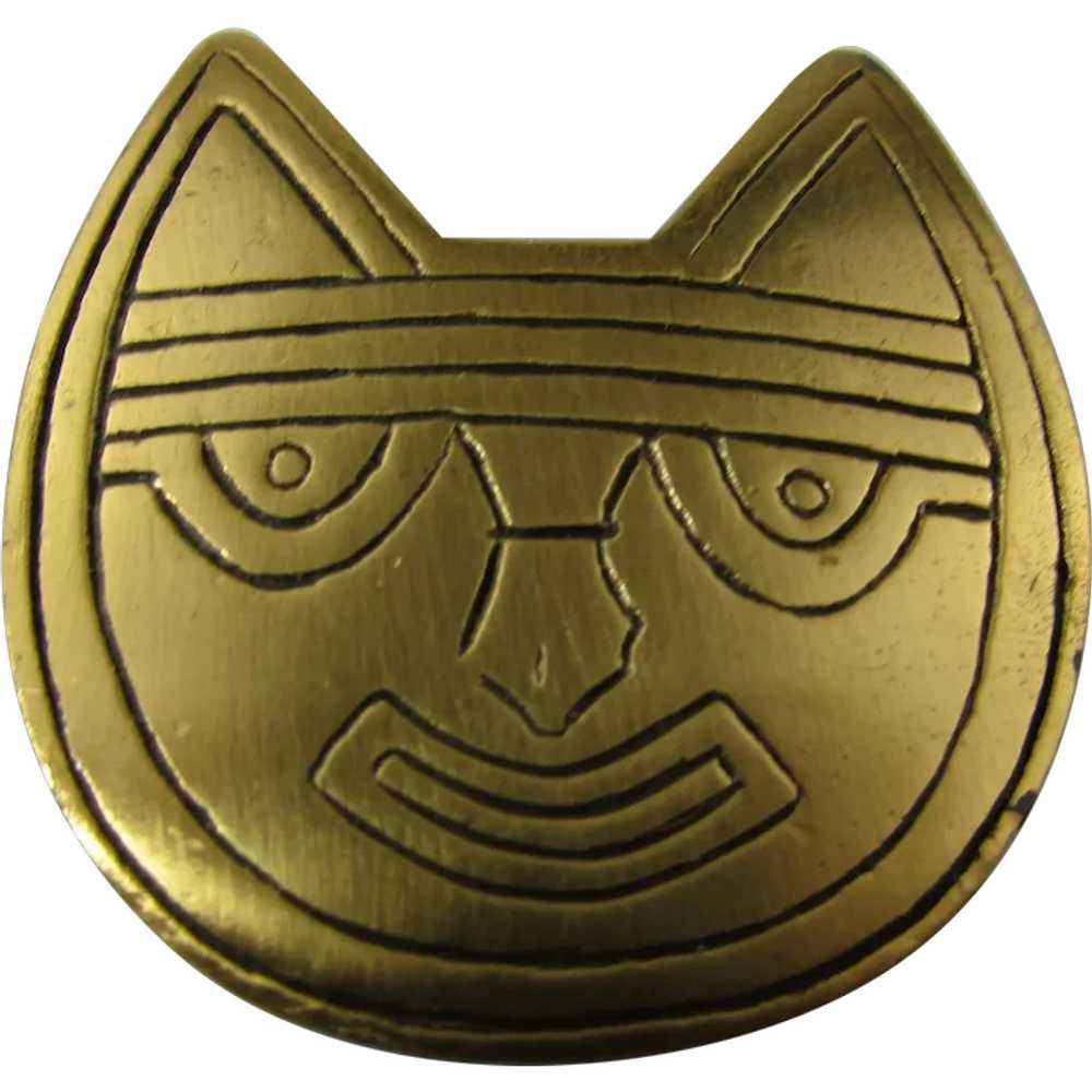 Signed Gold Tone Cat Face Pin Signed LAM - image 1