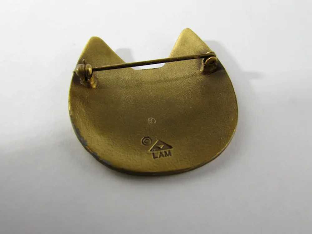 Signed Gold Tone Cat Face Pin Signed LAM - image 3