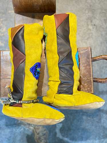 Vintage Yellow Suede Beaded Boot Moccasins