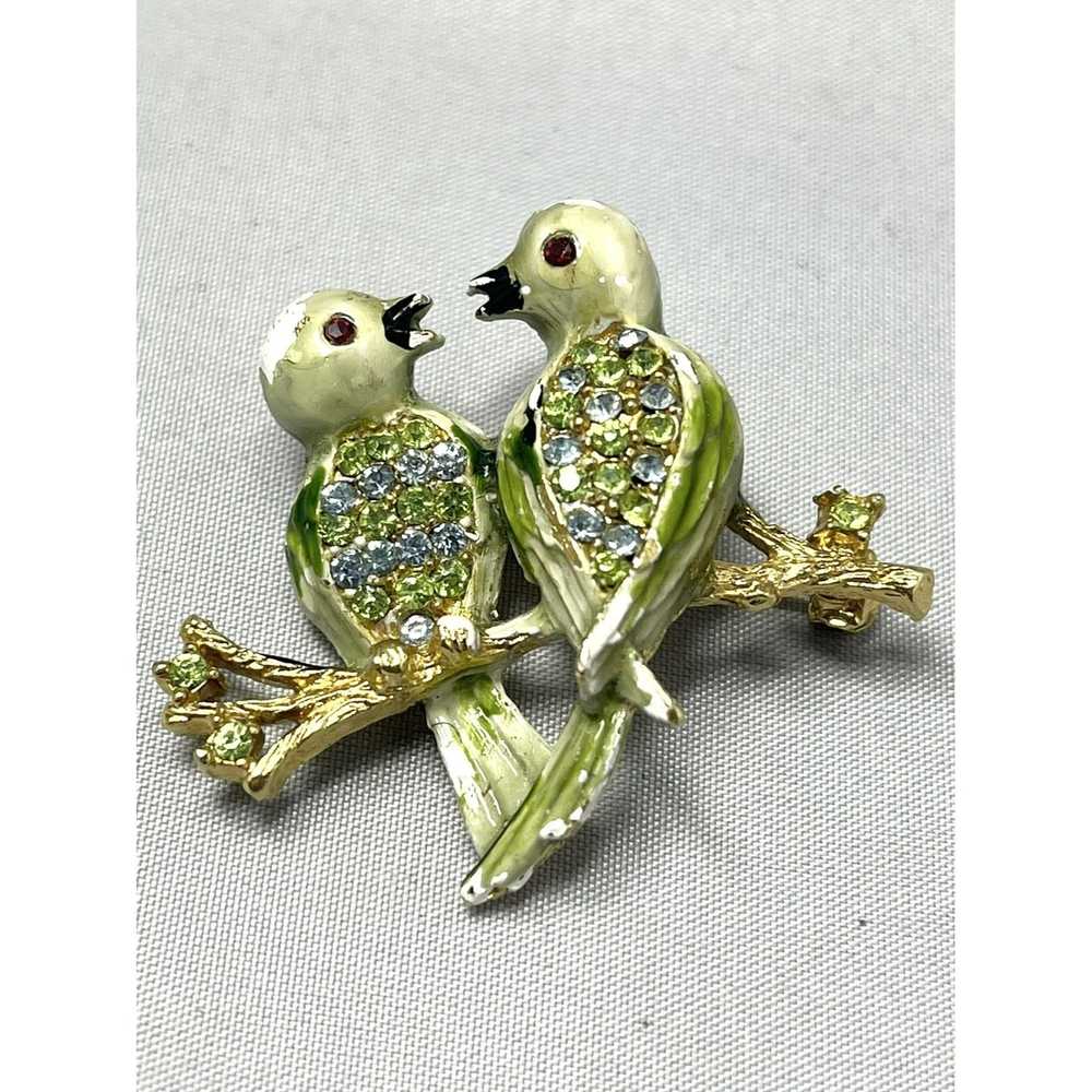 Vintage Vintage Rhinestone Enamel Love Birds Broo… - image 3