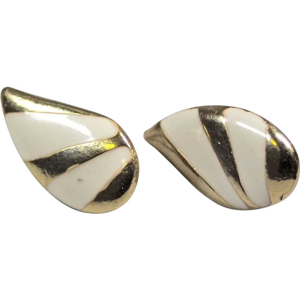 Vintage pastel enamel stud Two color leaf brass s… - image 1