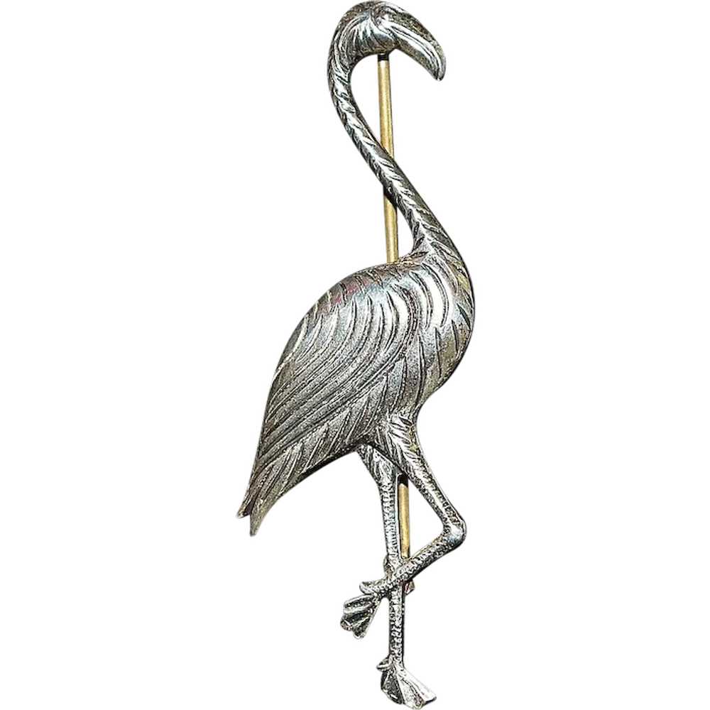 Large Sterling Silver Flamingo Brooch - 1950 - image 1