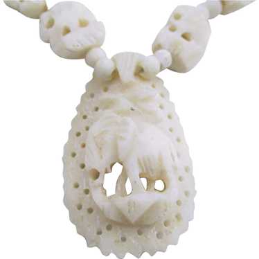 Elephant Pendant Necklace Carved Faux Ivory - image 1