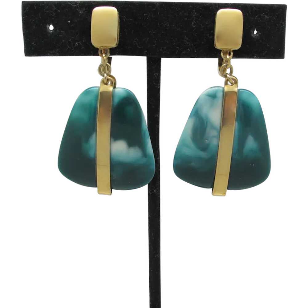 Trifari Modernist Earrings With Imitation Malachi… - image 1
