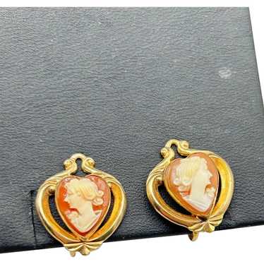 Gold Filled Cameo Earrings Heart Shape Screw Back… - image 1