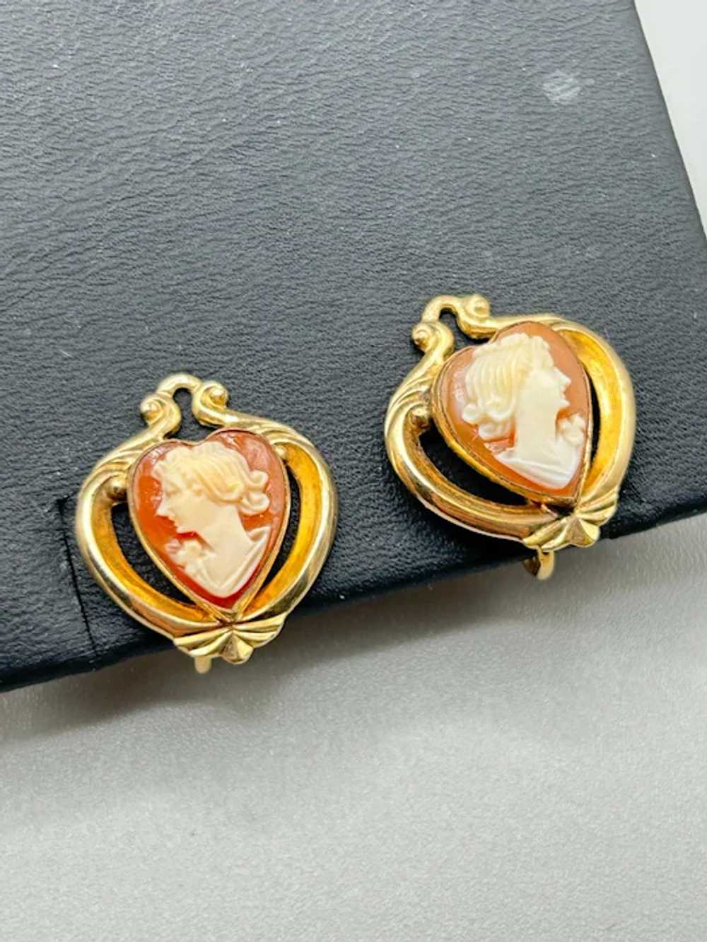 Gold Filled Cameo Earrings Heart Shape Screw Back… - image 2