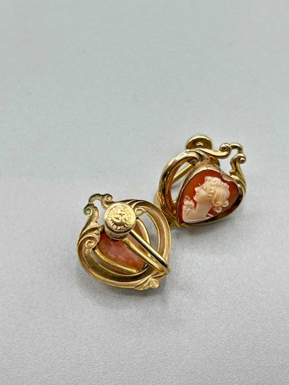 Gold Filled Cameo Earrings Heart Shape Screw Back… - image 5