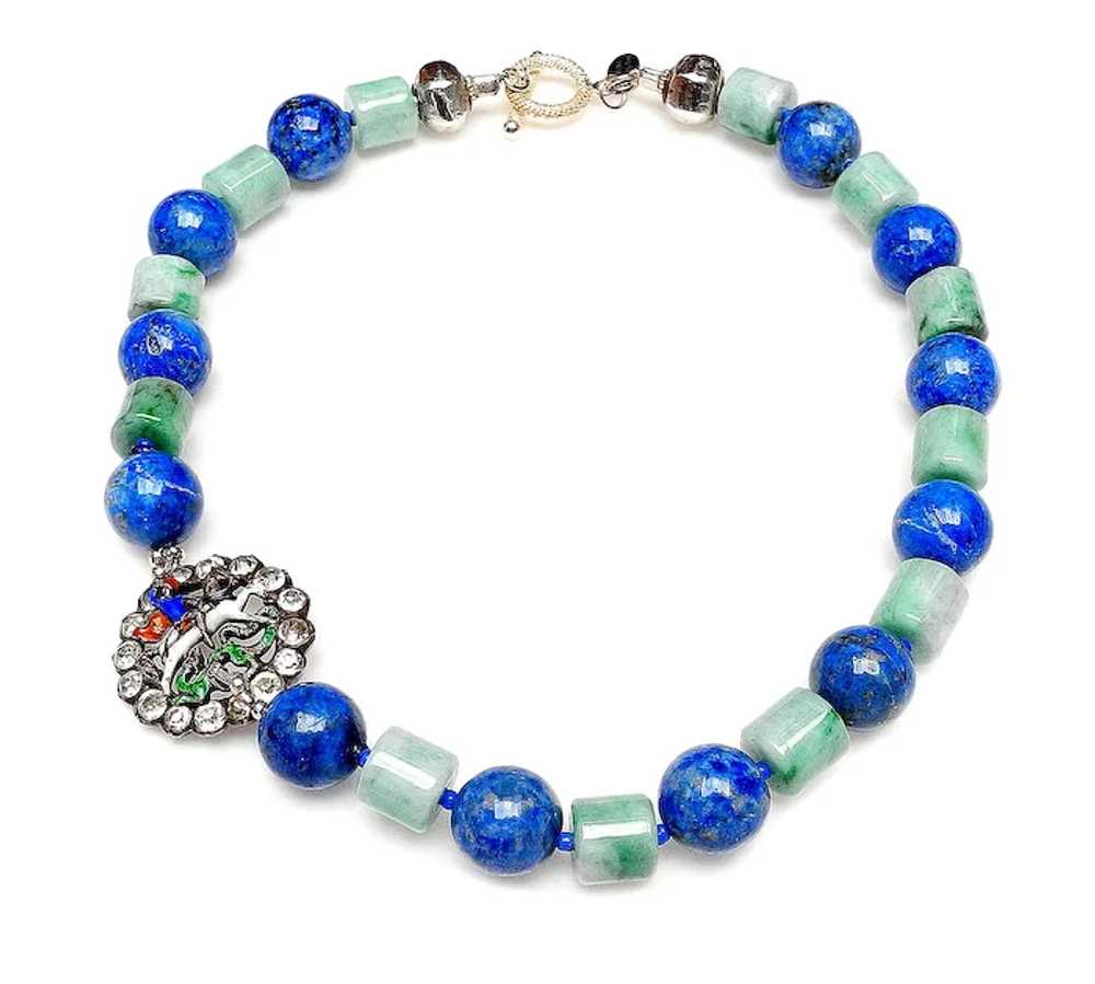 Lapis & Jade Necklace with Charming Antique Ename… - image 3