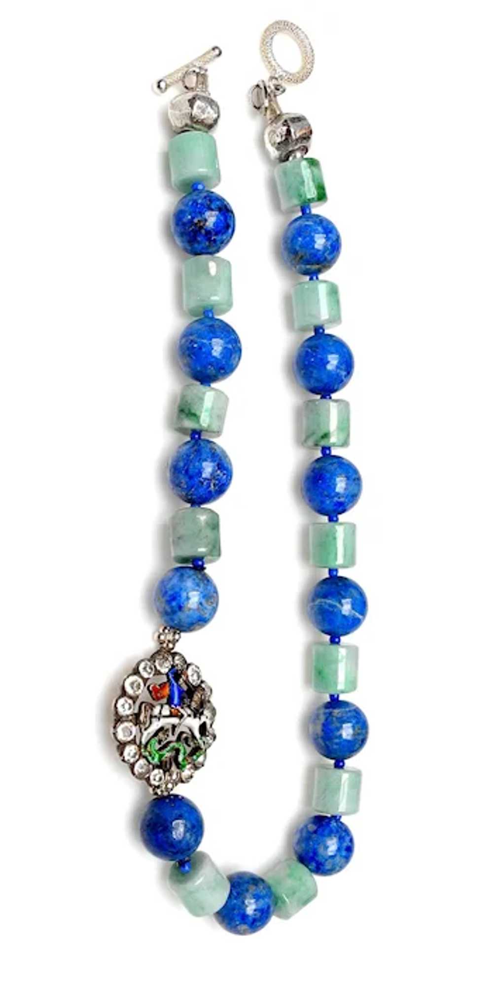 Lapis & Jade Necklace with Charming Antique Ename… - image 5