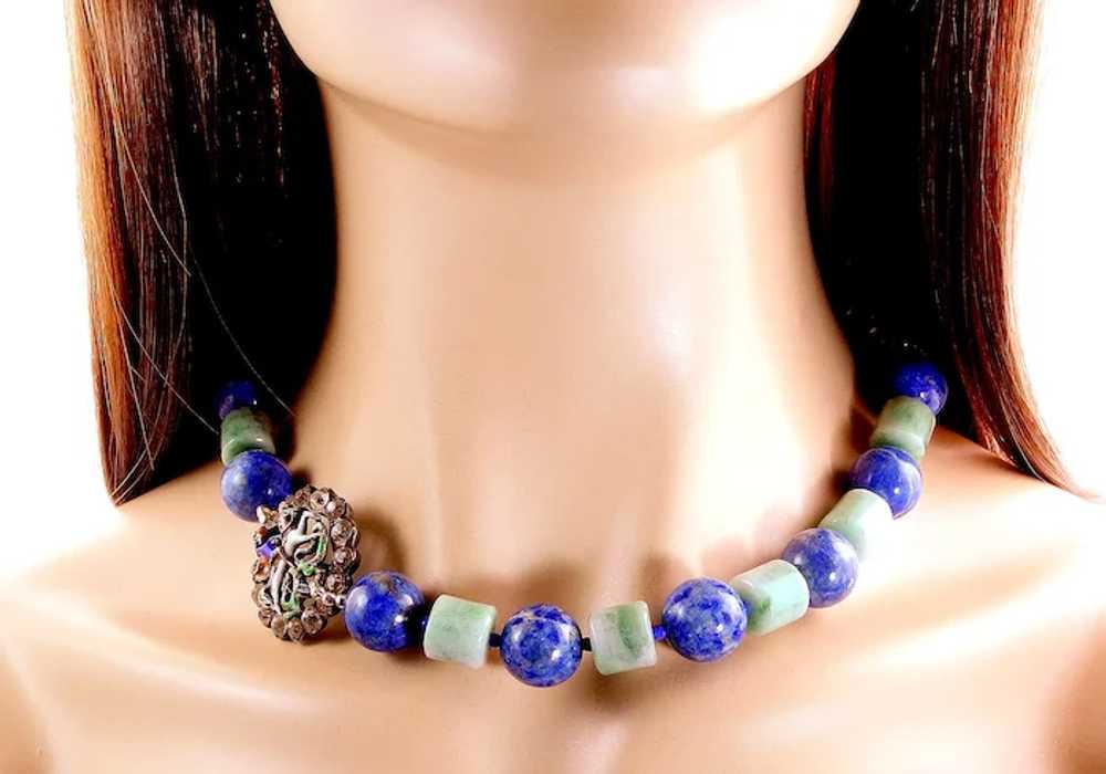 Lapis & Jade Necklace with Charming Antique Ename… - image 7