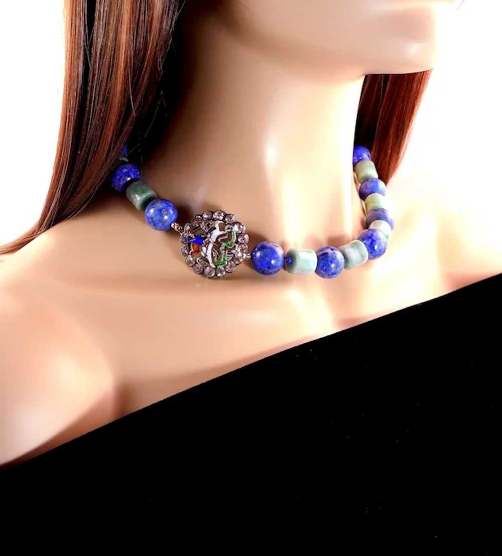 Lapis & Jade Necklace with Charming Antique Ename… - image 8