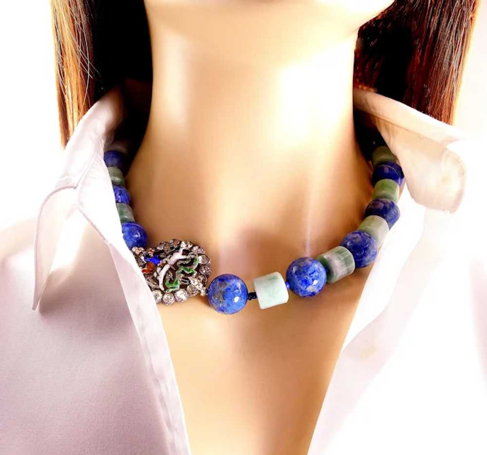 Lapis & Jade Necklace with Charming Antique Ename… - image 9