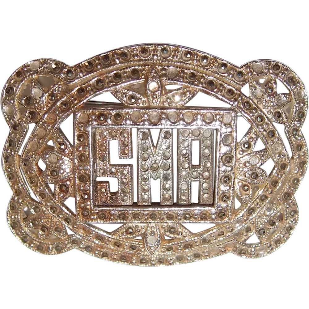 SMA Antique Marcasite Initial Brooch - image 1