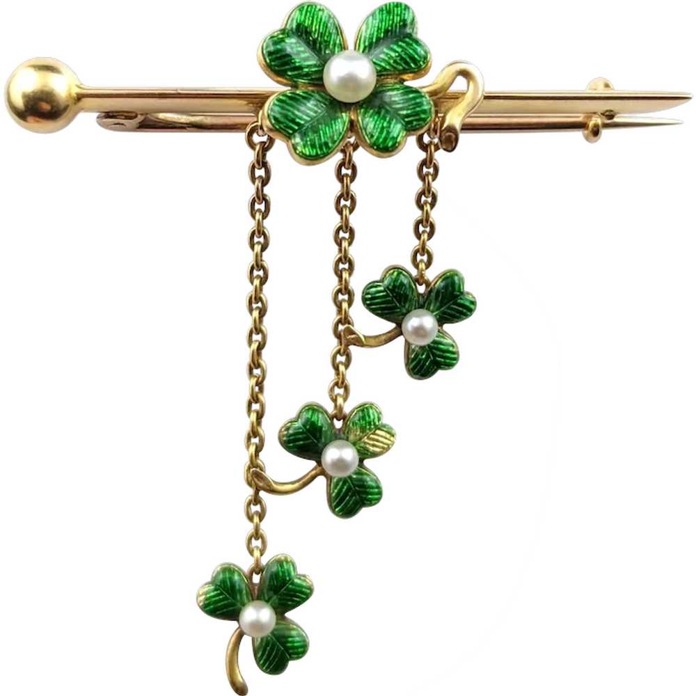 Antique Shamrock brooch, 15kt gold, Guilloche ena… - image 1