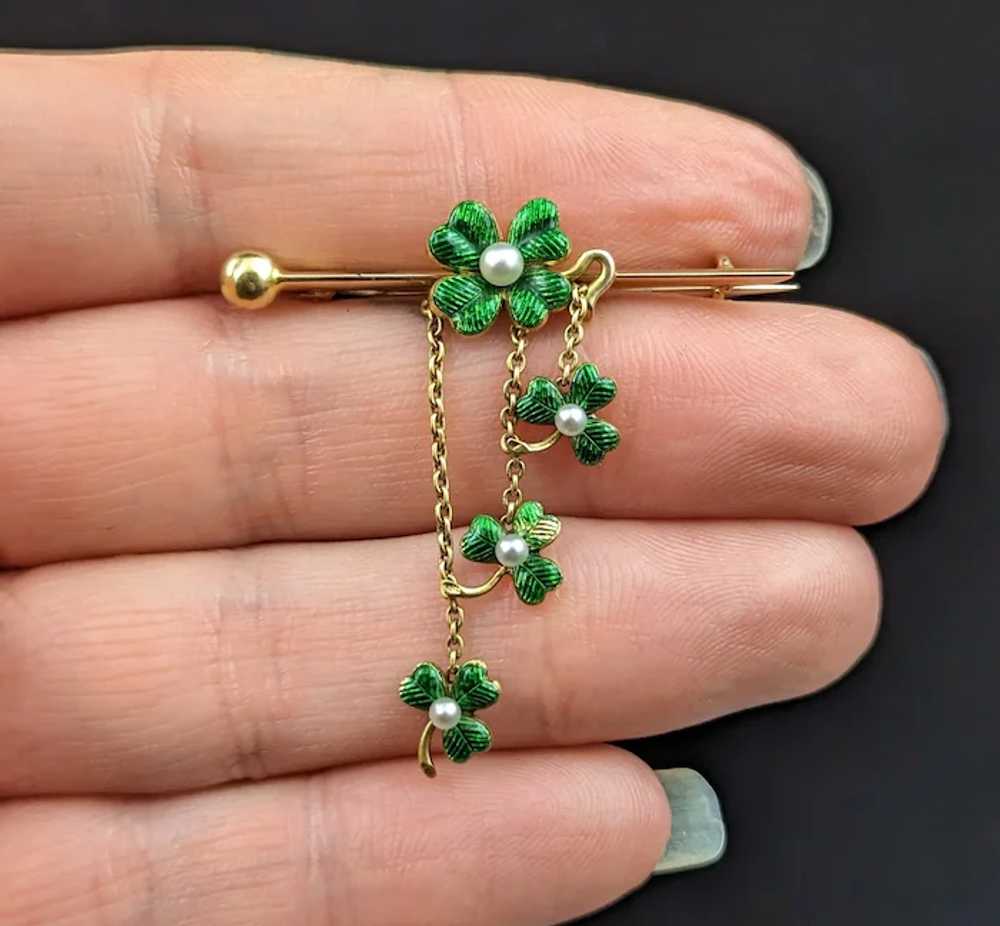 Antique Shamrock brooch, 15kt gold, Guilloche ena… - image 9