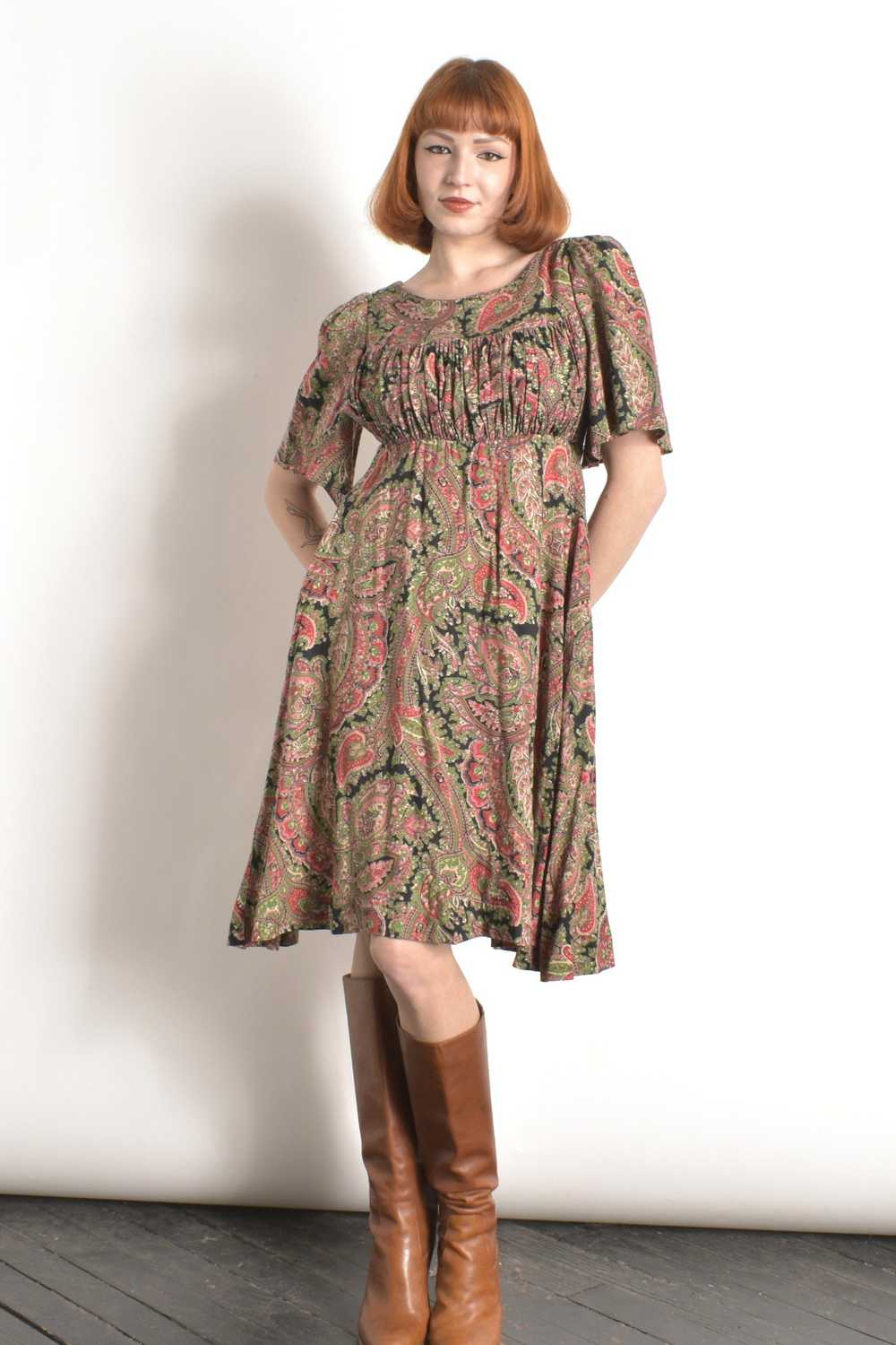 1970s Paisley Flutter Sleeve Dress-S/M - image 4