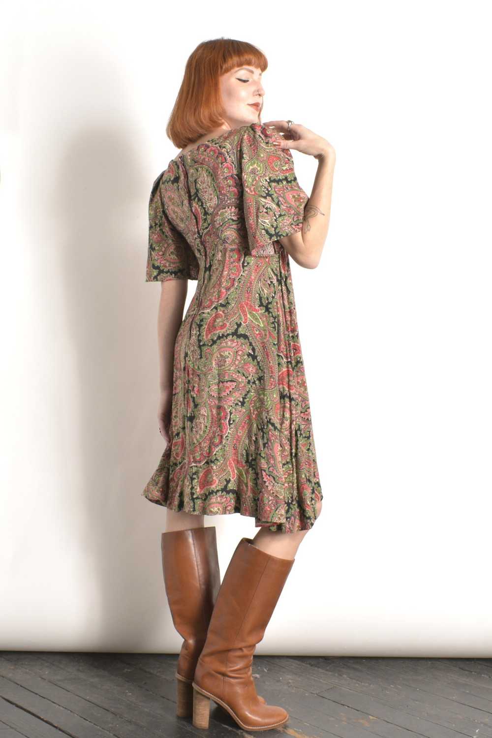 1970s Paisley Flutter Sleeve Dress-S/M - image 5