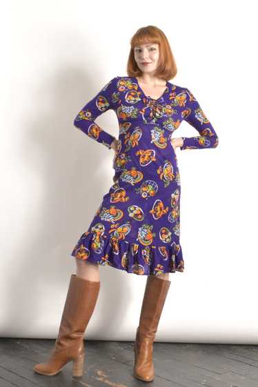 1970s Fruit Print Jersey Dress-small