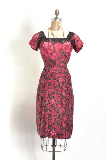 1950s Rose Print Silk Wiggle Dress-medium