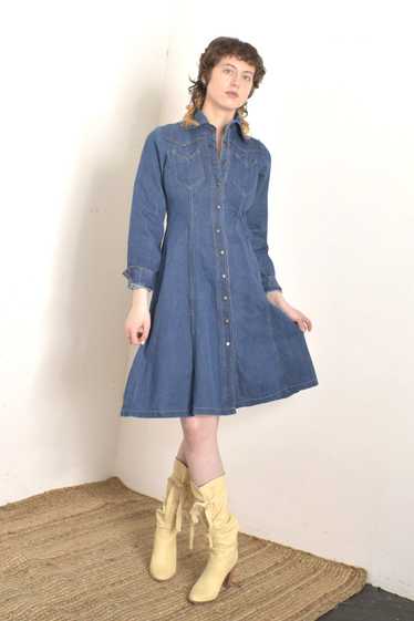 1970s Snap Front Western Denim Dress- S