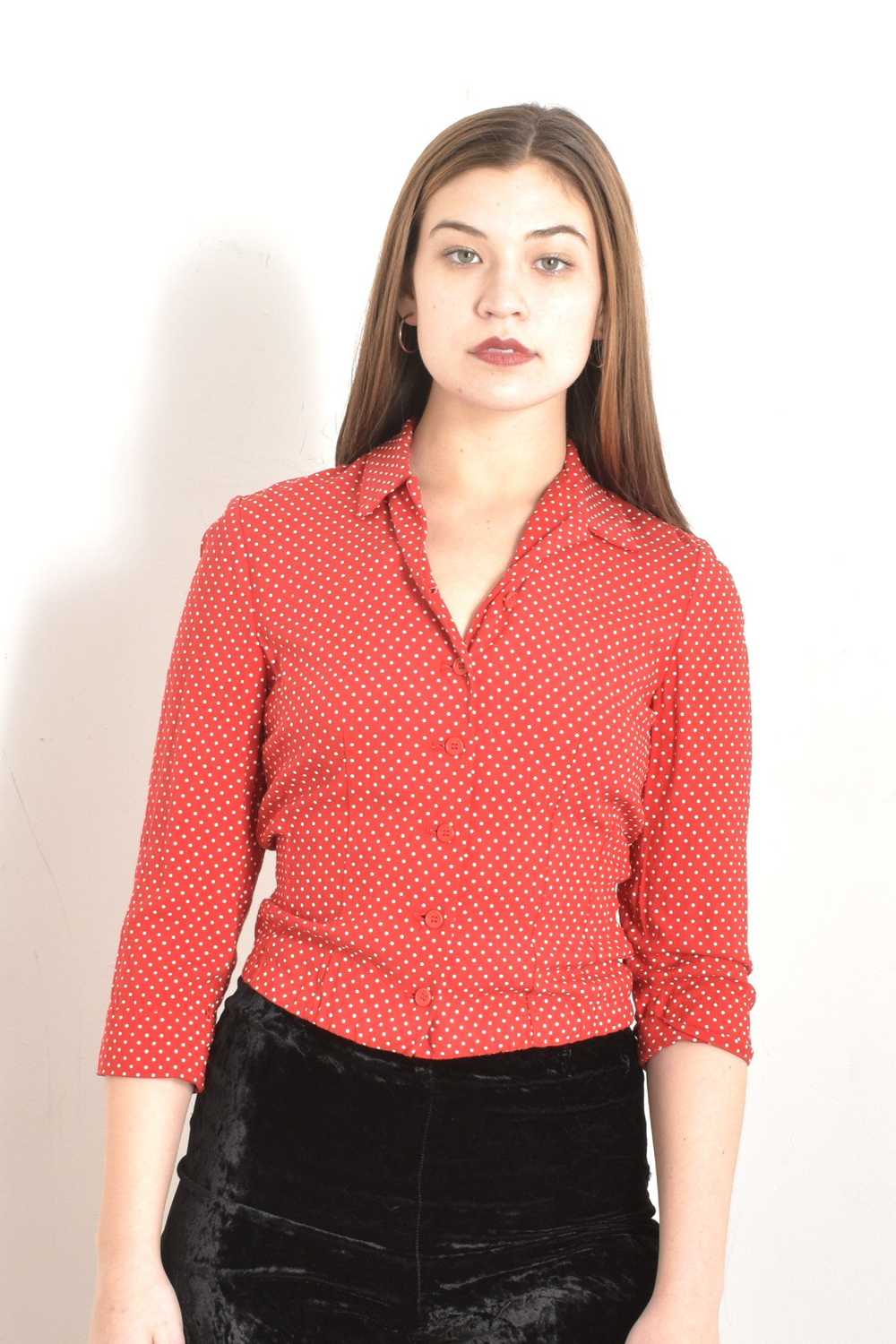 1950s Red Swiss Dot Blouse-XS/S - image 2